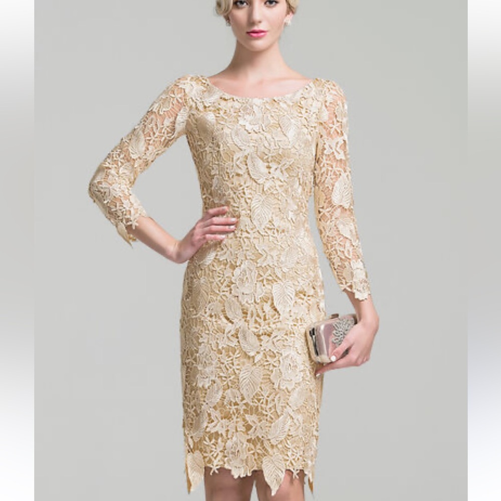 Elegant Cream Lace Long Sleeve Sheath Dress